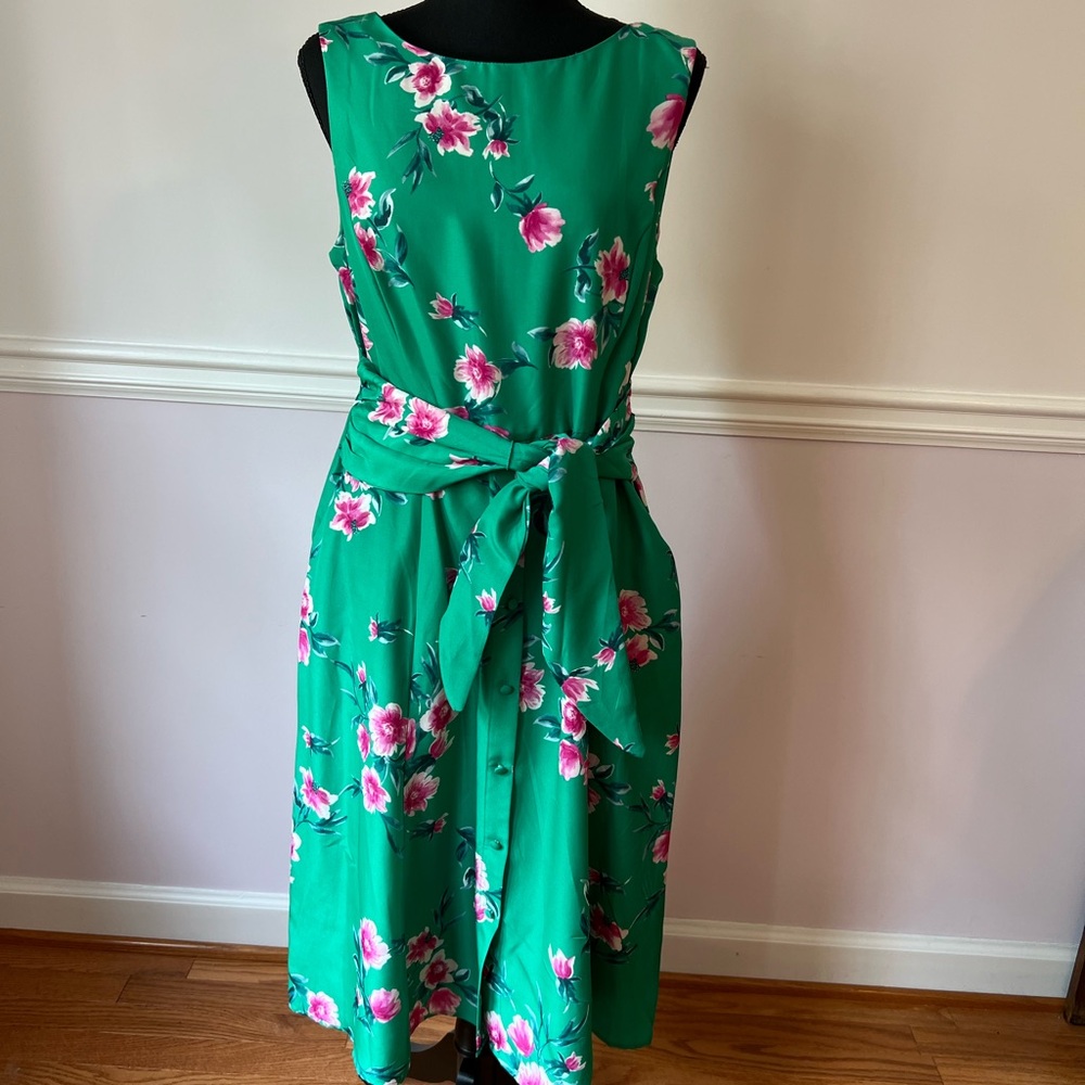Jessica Howard Green A-Line Midi Dress Sleeveless Crew Neck